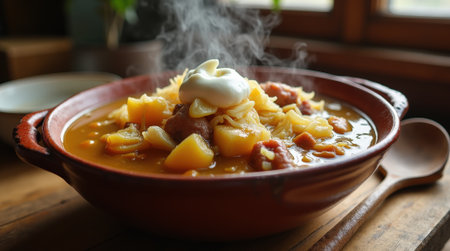 A steaming bowl of kapuniak, a traditional Polish sauerkraut soup, sits on a wooden table, topped with sour cream and inviting aromas.の素材