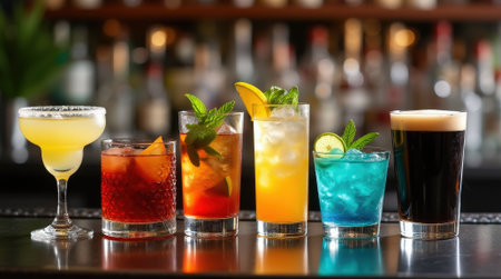 An array of ten popular cocktails and drinks is showcased at a vibrant bar, perfect for social gatherings and celebrations.の素材
