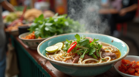 A vibrant bowl of pho showcases traditional Vietnamese flavors, garnished with herbs, lime, and chili, served in a lively street market setting.の素材
