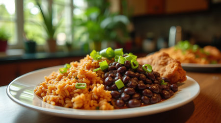 A vibrant plate showcases Trinidadian rice and peas paired with flavorful black beans cooked in coconut milk topped with green onions.の素材