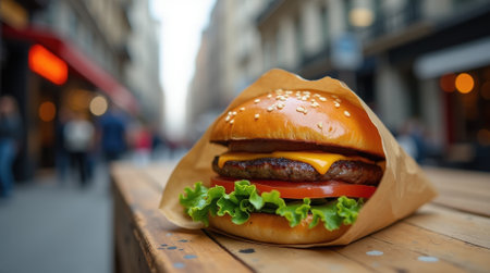 A delicious hamburger with melted cheese, lettuce, and tomato rests on a wooden table in a bustling urban setting.の素材