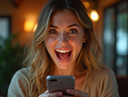 A young woman displays excitement and joy while looking at her smartphone, surrounded by warm indoor lighting.の素材
