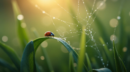 A ladybug crawls along a blade of grass adorned with tiny droplets in a sunlit garden at dawn.の素材