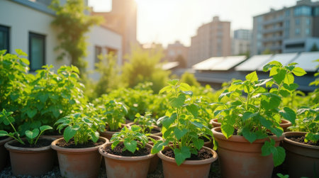 Vibrant green plants grow in terracotta pots on an urban rooftop, soaking up the warm sunlight of late afternoon.の素材