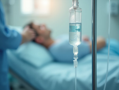A patient rests on a hospital bed while an IV drip provides necessary fluids and medication during recovery.の素材