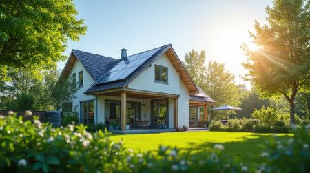 A beautiful house features large windows reflecting morning sunlight, surrounded by greenery and trees, creating a serene atmosphere.の素材