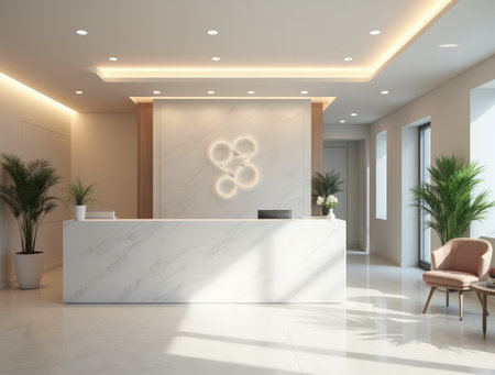 A spacious reception area designed with clean lines, soft lighting, and elegant plants welcoming visitors to a corporate environment.の素材