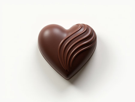 A heart shaped chocolate sits on a clean white surface, showing its glossy finish and elegant swirl design.の素材