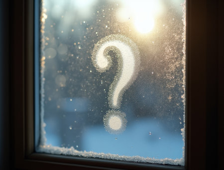 A cozy winter morning reveals a frosted window featuring a question mark design, backlit by soft sunlight shining through.の素材