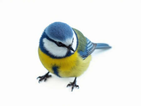 A vibrant blue and yellow songbird stands calmly, showing its colorful feathers and curious expression against a clean, white backdrop.の素材