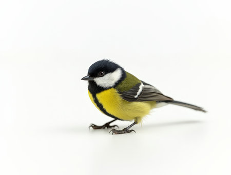A great tit bird with distinct yellow and blue feathers is perched gracefully on a smooth, light surface, showing its vibrant colors.の素材