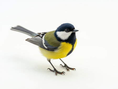 A small bird with striking yellow feathers and blue accents explores a white surface, presenting its lively posture and curiosity.の素材