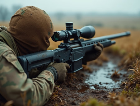 A soldier in camouflage lies prone in a muddy field, carefully aiming a scoped rifle amidst a foggy landscape.の素材