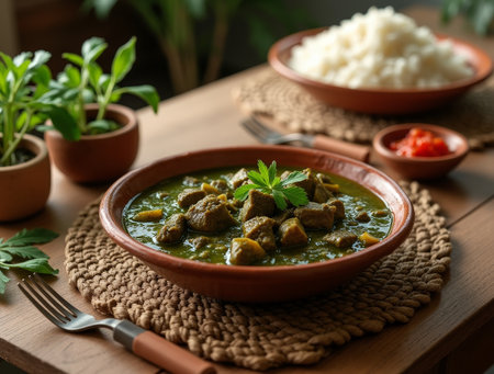 A vibrant green curry with tender meat and vegetables sits next to a bowl of fluffy rice, adorned with fresh herbs and chili.の素材