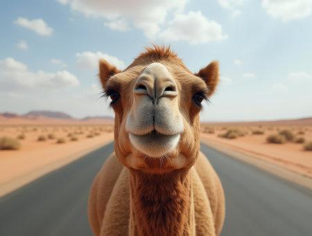 A curious camel blocks the desert road, gazing directly at the viewer against a backdrop of sandy dunes and blue skies.の素材