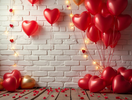 A festive arrangement features red heart balloons, delicate petals, and warm lights, creating a romantic atmosphere perfect for any celebration.の素材