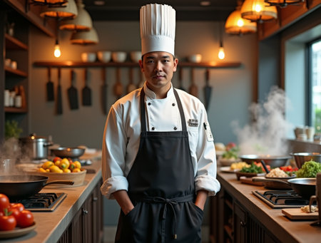 A skilled chef poses in a modern kitchen, surrounded by fresh vegetables and cooking utensils. Steam rises from pans, creating a lively atmosphere.の素材