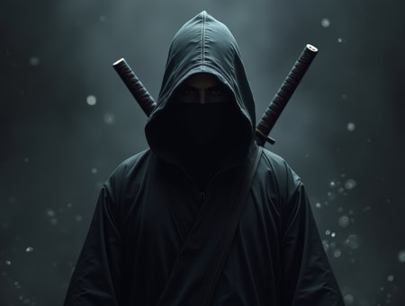 A cloaked figure with a hood obscures their face, holding two swords against a smoky, dimly lit backdrop.の素材