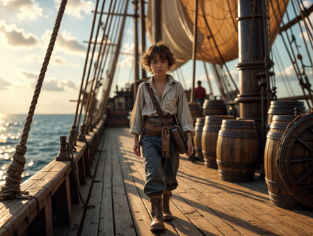 A young boy dressed as a pirate walks confidently on a wooden ship deck with barrels, as the sun sets behind him.の素材