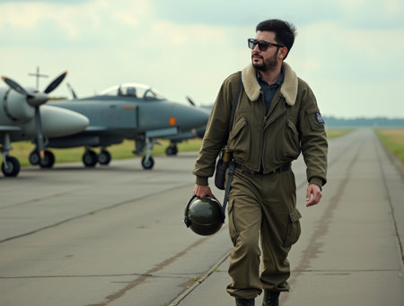 A pilot wearing a flight suit and sunglasses walks confidently on the runway, holding a helmet, with military aircraft parked beside him.の素材