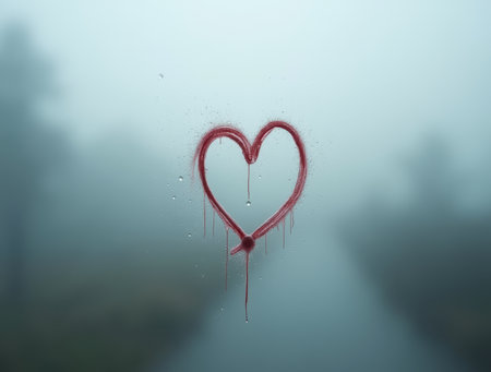 A red heart is drawn on a foggy glass, with droplets sliding down, revealing a blurred, mysterious background.の素材