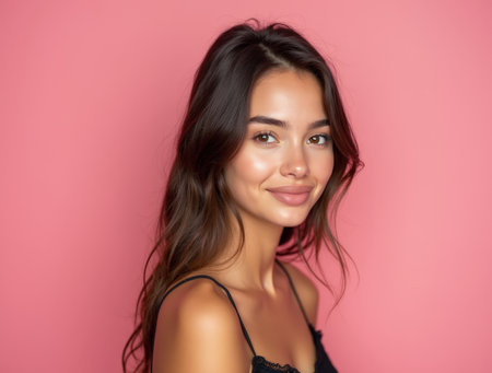 A young woman with long, wavy hair smiles warmly while posed against a bright pink backdrop, showcasing a relaxed and joyful demeanor.の素材