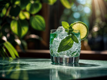 A glass cocktail sits on a table filled with ice, topped with mint leaves and a lime slice, illuminated by soft afternoon sunlight.の素材
