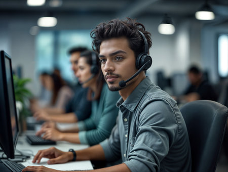 A young man is focused on his computer while wearing a headset, helping customers in a busy office full of colleagues.の素材