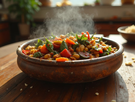A steamy bowl of a colorful vegetable mix with herbs sits on a wooden table. Fresh ingredients highlight the vibrant meal.の素材