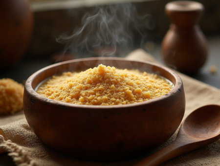 A bowl filled with steaming yellow grains sits on a textured surface, surrounded by natural light and wooden utensils, creating a cozy atmosphere.の素材