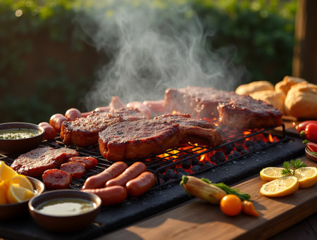 Delicious cuts of meat and sausages are grilling on an outdoor barbecue, surrounded by fresh vegetables and spices in the evening.の素材