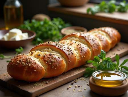 Deliciously baked bread rolls topped with herbs and served with olive oil, creating an inviting atmosphere in a cozy kitchen.の素材