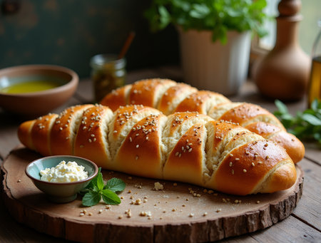 Warm, sesame-topped bread rolls on a wooden board with a bowl of cheese create a charming kitchen vibe.の素材