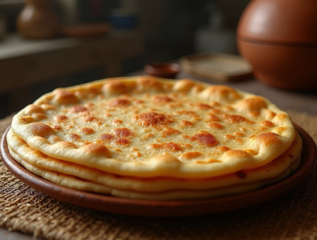 Soft and golden flatbreads are piled high on a wooden plate, showing freshly baked goodness in a warm kitchen atmosphere.の素材