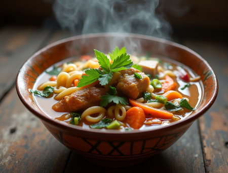 A steaming bowl of colorful vegetable soup filled with noodles, carrots, and herbs sits on a wooden table, inviting warmth and comfort.の素材