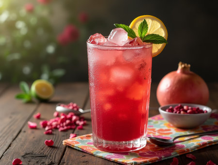 A vibrant drink with ice and fresh ingredients sits on a colorful napkin, surrounded by pomegranate seeds and citrus slices.の素材
