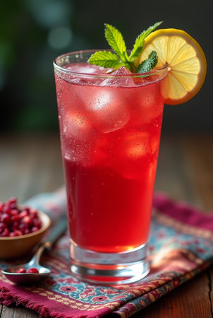 A vibrant drink filled with ice features a garnish of lemon and fresh mint, showing a lively red color amidst a cozy setting.の素材