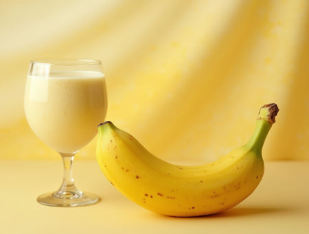 A creamy banana beverage stands in a glass next to a ripe banana on a vibrant yellow surface, creating a refreshing display.の素材