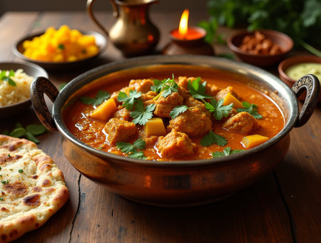 A delicious curry featuring tender meat and vegetables, garnished with fresh herbs, served with rice and naan alongside traditional condiments.の素材
