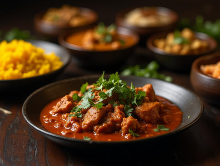 Succulent chicken curry is garnished with fresh cilantro, accompanied by vibrant yellow rice and various side dishes on a rustic wooden table.の素材