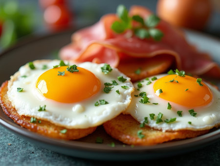 Two perfectly fried eggs sit atop golden hash browns, accompanied by slices of ham and garnished with fresh herbs.の素材