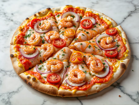 A delicious shrimp pizza features vibrant toppings of tomatoes, onions, and herbs, served on a marble table.の素材