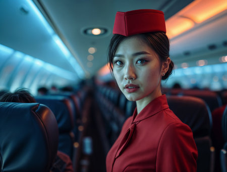 A flight attendant gracefully stands in a dimly lit airplane cabin, showcasing a striking red uniform while preparing for service.の素材