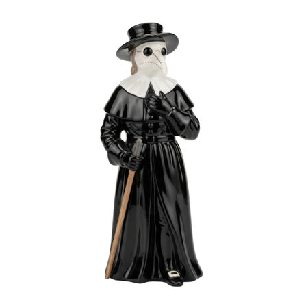 Porcelain figurine of a historical plague doctor in a black costume with a beaked mask. This character sculpture is isolated.の素材