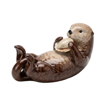 A charming porcelain figurine of a sea otter floating on its back. It holds a detailed seashell in its paws, with a glossy finish and lifelike details.の素材