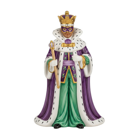 A porcelain figurine of a Mardi Gras king in a purple royal costume with a gold crown. A classic festive decoration, isolated.の素材