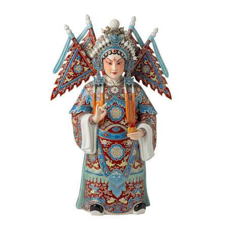 An ornate porcelain figurine of a Chinese opera performer in a vibrant red and blue costume, with an elaborate headdress and detailed makeup.の素材
