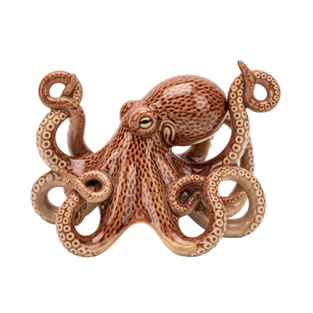 Brown spotted octopus porcelain figurine with curled tentacles. This realistic marine animal sculpture is isolated for home decor.の素材