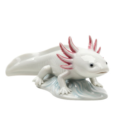 Vintage porcelain figurine of a white axolotl with pink gills. This is a cute and collectible amphibian wildlife souvenir.の素材