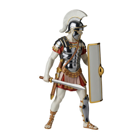 A porcelain figurine of an ancient Roman soldier in full armor with a sword and shield. A historical statuette, isolated object.の素材